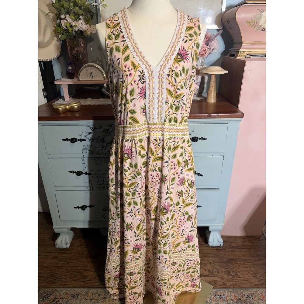 Spartina 449 Sz M Pink/Green Floral V-Neck Sleeveless Maxi Long Dress Pockets.